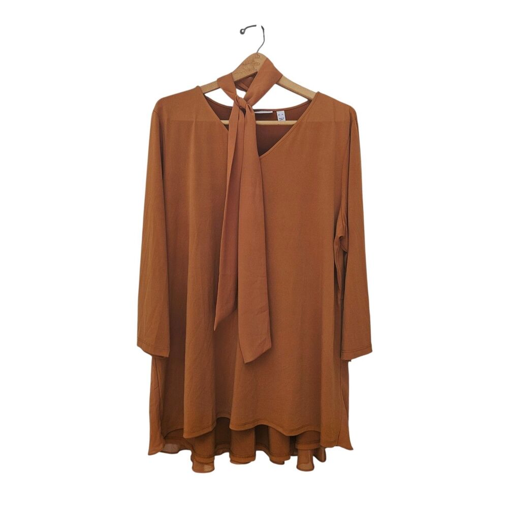 Susan Graver Liquid Knit Tunic Size XL Scarf Tie Neck Burnt Orange